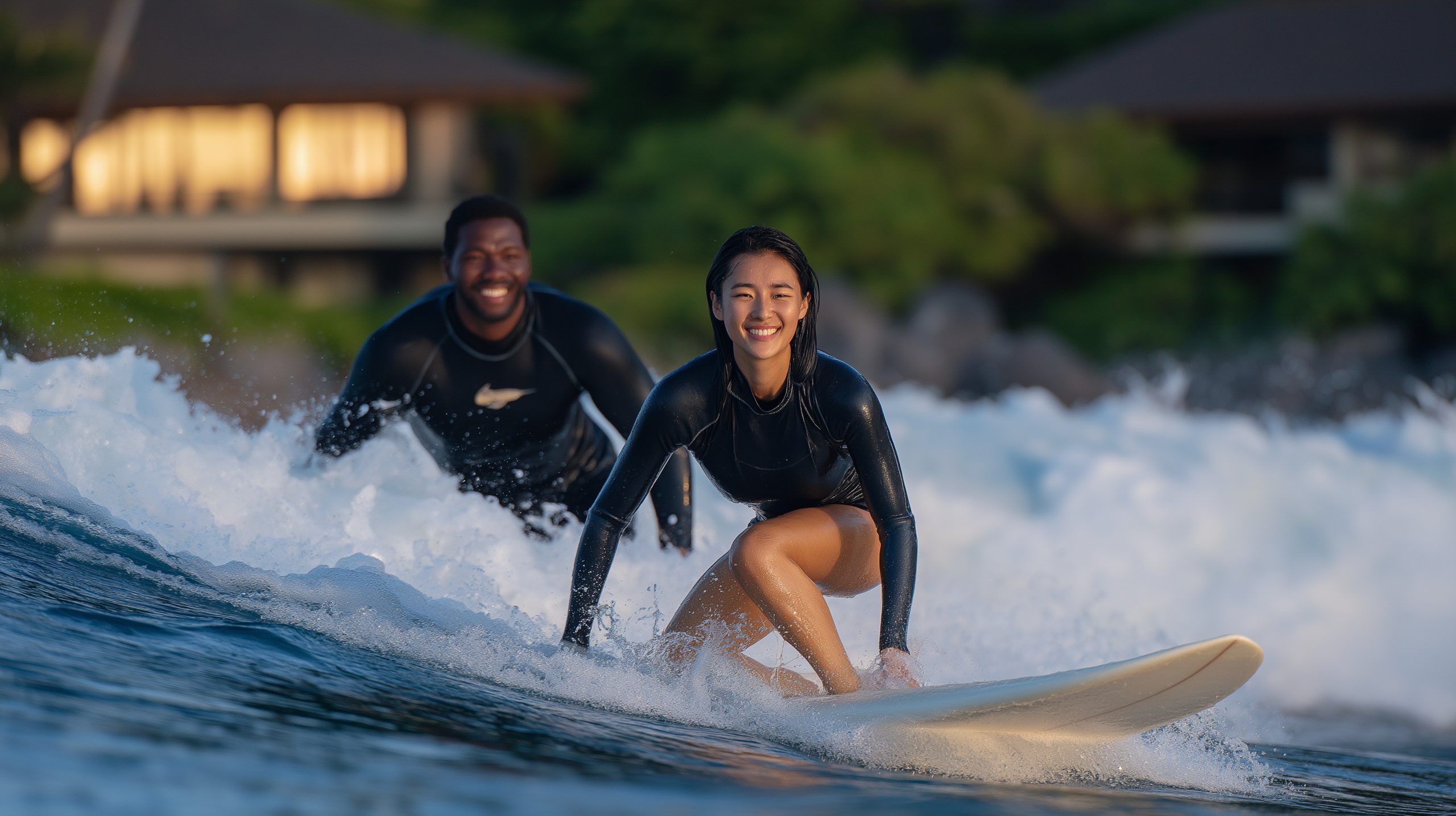 Surfing Lesson for Beginners at a Resort Beach at Dawn