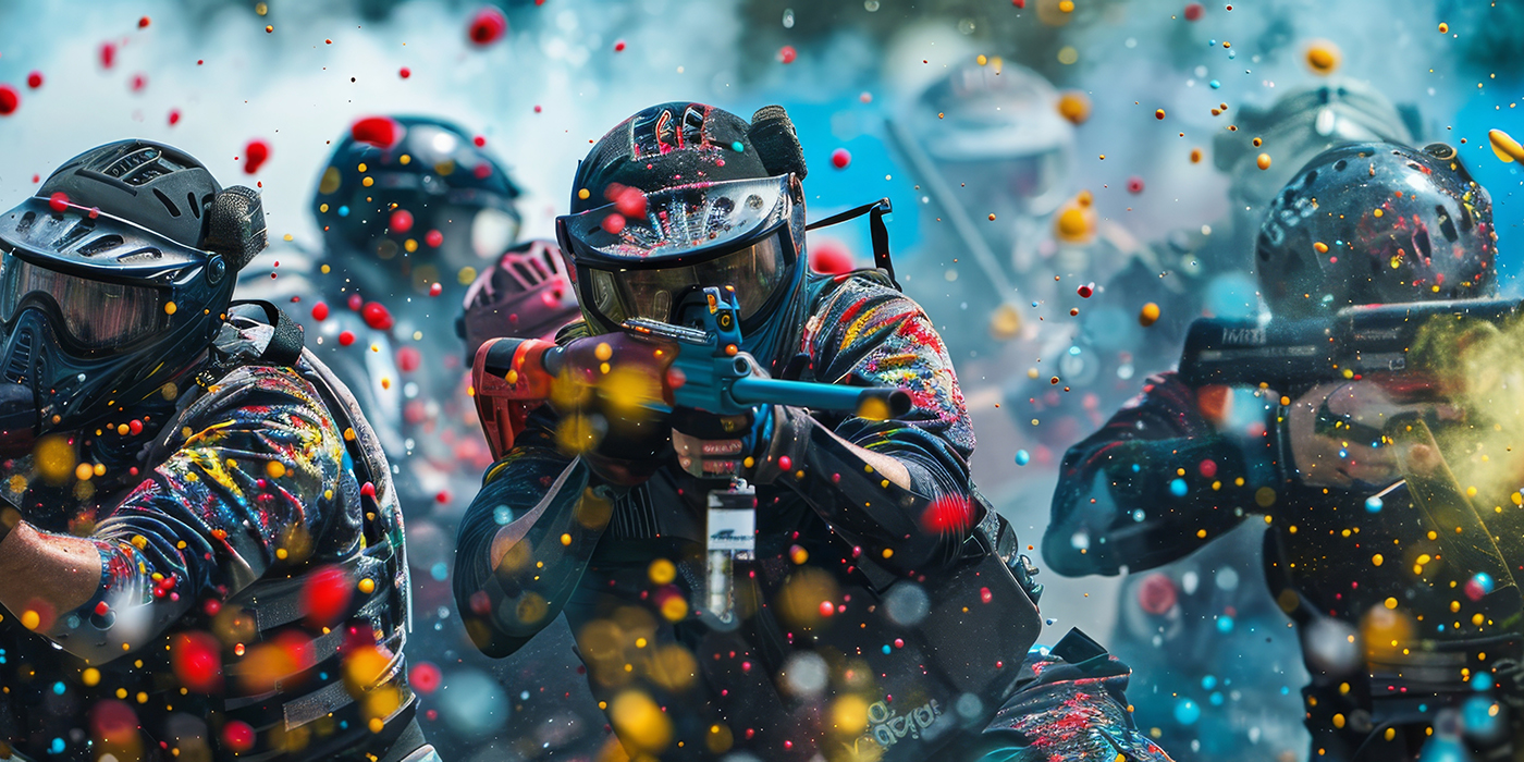 A group of teenagers playing paintball with protective gear