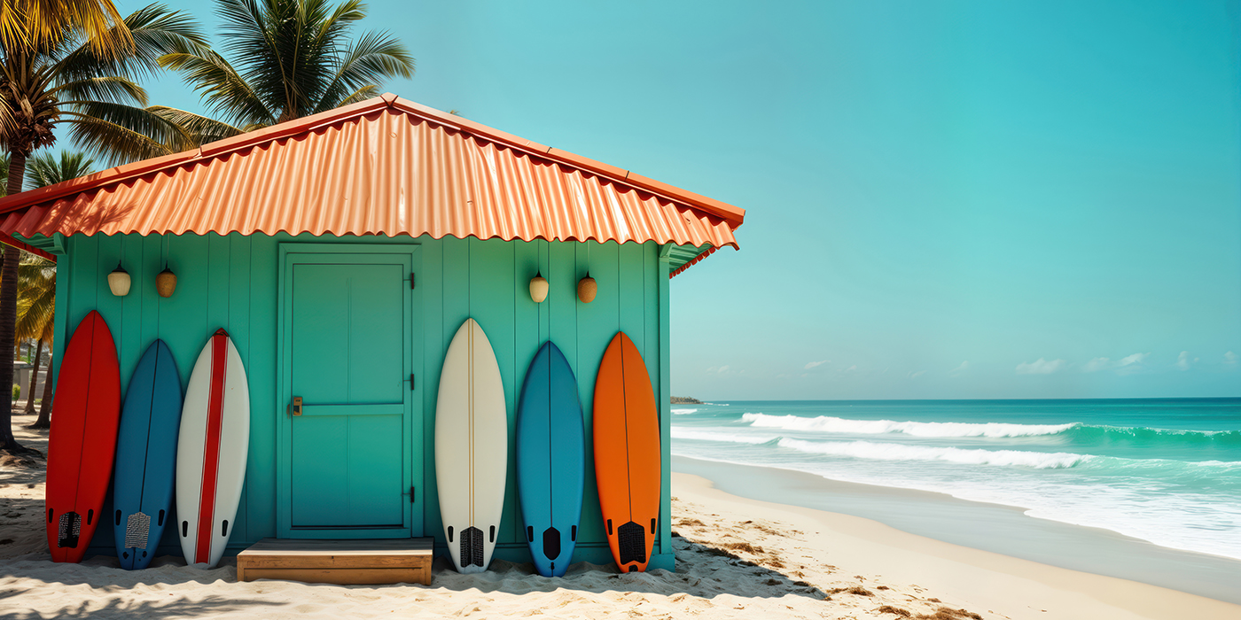 Surf shack on sandy beach. Colorful surfboards lean against turquoise colored building. Calm ocean waves gently lap shore. Palm trees line beach. Sunny day. Relaxing vacation vibe. Perfect tropical