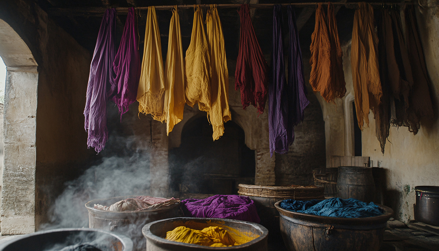 Traditional Dyeing Workshop with Colorful Fabrics and Steam in a
