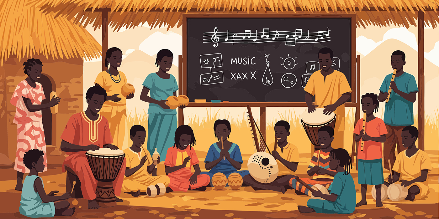 African Village Children Learning And Playing Traditional Musica