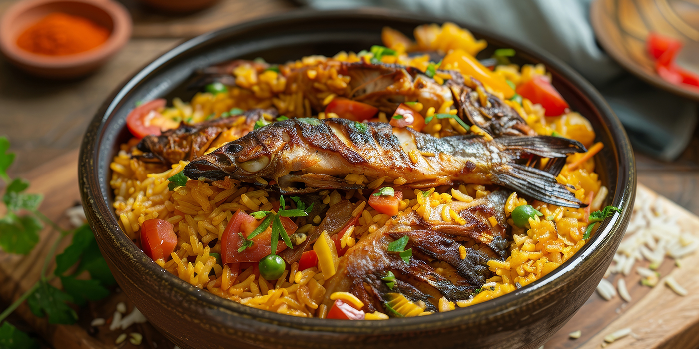 A vibrant Senegalese thieboudienne, the national dish featuring fish simmered in a flavorful tomato sauce with rice and colorful vegetables.