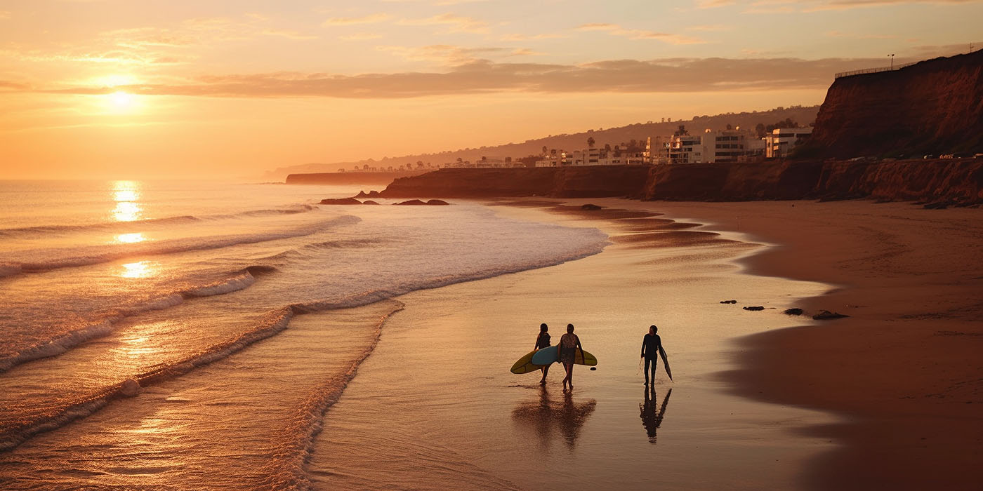 Surfers during sunset in Taghazout, Morocco
