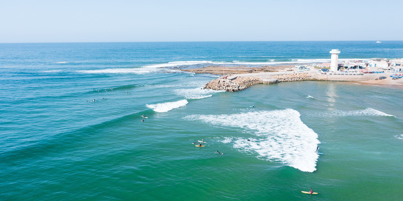Aerial view of surfing village, Imsouane, Morocco